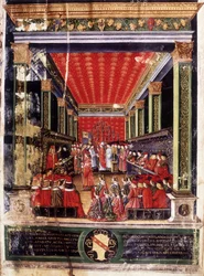 Az il Moro néven ismert Ludovico Maria Sforza (1452-1508) beiktatása - illumináció Arcimboldi bíboros misekönyvéből, amelyet a híres miniatúrafestő, Cristoforo de Predis készített. Biblioteca Capitolare, Milánó.