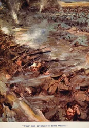 „Embereik sűrű tömegben haladtak előre”, illusztráció az 1916-ban megjelent „Told in the Huts: The YMCA Gift Book” című könyvből.
