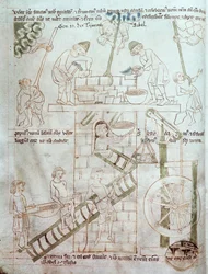 Ms 23 C 124 fol.3 Bábel tornyának építése, a Velislav Bibliából, 1340 körül