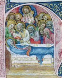 Ms XIII A 12 Szűz temetése, Jean de Stredy Liber Viaticusból, 1360 után