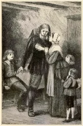Christian rábízza feleségét A zarándokok előrehaladása ebből a világból, az eljövendőbe (John Bunyan (1628-1688)) Thomas Dalziel (1823-1906) Christian illusztrációja a nehéz teherrel.