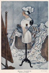 Madame Jeanne Paquin (1869-1936), francia couturiere, a Becsületlégió keresztjével ábrázolva, amelyet most szerzett meg – Daniel De Losques (Henri Casimir Paul Thouroude dit) (1880-1915) illusztrációja a „Fantasio”-ban. 1913-ból
