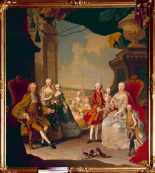 I. Ferenc a Szent Birodalomból (1708-1765) és felesége, Marie Therese Iere (1717-1780) tizenegy gyermekével a schonbrunni (vagy schönbrunni) kastély teraszán A leendő királynő, Marie Antoinette a középen pózol még mindig baba. Festék