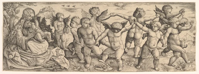 Szűz és gyermek angyalokkal táncol egy tájban, 1530-as évek.