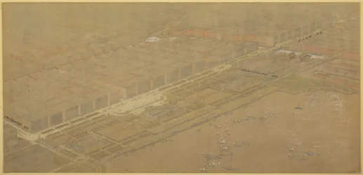 A 114. tábla a The Plan of Chicago, 1909 című kiadványból: Chicago. Javasolt körút és parkway a Michigan Avenue és a Pine Street között.