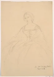 Rajz, Mrs. Sheppard Gandy ülő helyzetben; hátoldal: vonalas vázlat, 1859