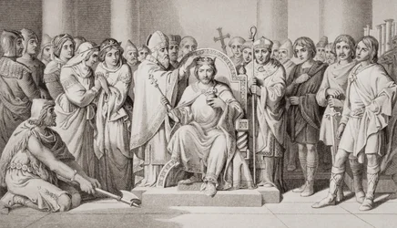 II. Harold (kb. 1022-66), az angolszászok királyának koronázása 1066-ban, az „Angol és skót történelem illusztrációi” I. kötetéből