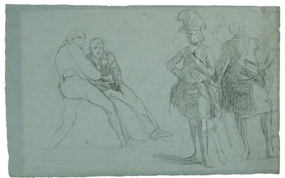 Study for The Siege of Gibraltar (Tanulmány Lindsay alezredesről és a kötélen húzó alakokról), c. 1786-1787 (graftie és fekete-fehér kréta szürkéskék papíron)