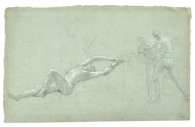 Study for The Siege of Gibraltar (Study for The Siege of Gibraltar (Tanulmány a megmentett alakról és két evezőt húzó figuráról), 1785-1786 (fekete-fehér kréta szürkés-zöld papíron)