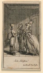 Egy idős nő szid egy lányt, Fredrich Wilhelm Grossman "Nem több, mint sachs Schuesseln" című színművének illusztrációja a "Königl: Grosbrit [anian] genealogical calendar for the 1782 Year Lauenberg by J. G. Berenberg" című könyvében.