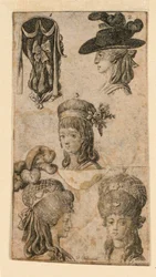 Öt fejfedő nőknek, két illusztrációtöredék a "Königl: Grosbrit [anian] genealogical calendar for the 1781 Year Lauenberg by J.G. Berenberg" című könyvhöz.