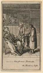 Az idős nő felvesz egy férfit, Fredrich Wilhelm Grossman "Nem több mint sachs Schuesseln" című színművének illusztrációja a "Königl: Grosbrit [anian] genealogical calendar for the 1782 Year Lauenberg by J.G. Berenberg" című könyvében.