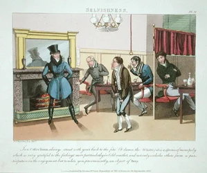 Önzés, 9. tábla a "The Necessary Qualifications of a Man of Fashion" című, 1823-ban megjelent kötetből (kézzel színezett akvatinta).