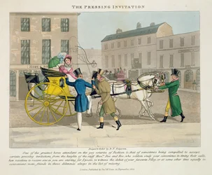 The Pressing Invitation, a "Fashionable Bores, or Coolers in High Life, Peter Quiz" című könyvéből, 1824-ben (kézzel festett akvatinta)