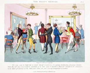 The Silent Rebuke, illusztráció a "Fashionable Bores or Coolers in High Life" című könyvéből, Peter Quiz, pub. Thomas McLean, London 1824 (kézzel színezett metszet)