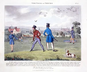 The Trial of Nerves, illusztráció a "Fashionable Bores or Coolers in High Life" című könyvből, írta Peter Quiz, pub. Thomas McLean, London 1824 (kézzel színezett metszet).