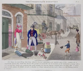 The Unfortunate Discovery, a "Fashionable Bores, or Coolers in High Life, Peter Quiz" című könyvéből, 1824-ben (kézzel festett akvatinta)
