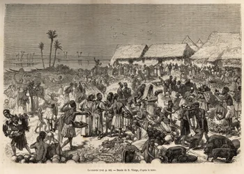 Egy nagyon animált, több mint háromezer embert tömörítő menet a Kongó folyó közelében, D.Vierge rajza nyomán, amely David Livingstone utolsó naplóját (1813-1873) illusztrálja, 1866-1873-ban, és megjelent a „Le tour du monde”-ban. 1875, szerkesztette Edouar