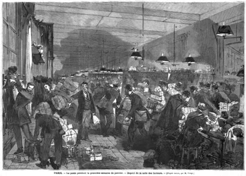 A párizsi posta belseje január első hetében, a postás szoba, Fortune Louis Meaulle (1844-1901) metszetével