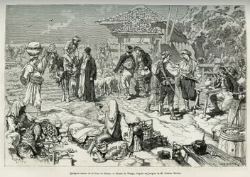 Néhány gyakori jelenet a Salone vásárról (Horvátország), gyümölcs, zöldség, baromfi és bárány árusítása, valamint sótalanításhoz felállított asztalok. Charles Yriarte 1874-ben megjelent metszete Szűz rajza után a dalmáciai utazás szemléltetésére.