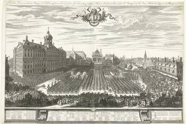 Lövészek a Dam téren az Amszterdami Vásár idején, 1686 Amszterdami Vásár bemutatja a Burgery in the Arms-t, sig Bemutató a Groot Agtb-nek: Heeren Burgermeesteren (cím a tárgyon) Foire d