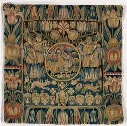 Sámson, aki megöli az oroszlánt, 1615 körül, dániai Schleswig-Holsteinben készült gobelin párnahuzat (gyapjú)