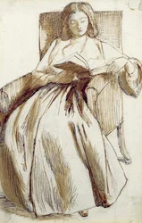 Elizabeth Siddal könyvet olvas (toll, tinta és mosás)