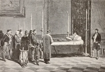 Giacomo Antonelli bíboros holtteste a Vatikán egyik szobájában fekszik, Dante Paolocci rajzából készült metszet a L