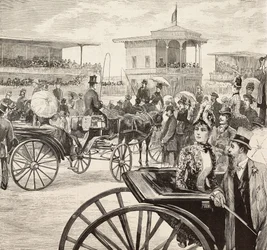 Elegant men and women attending a horse race at the racetrack, Rome, Italy, engraving from a drawing by Dante Paolocci, from L