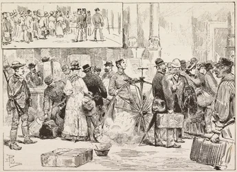 Fumigation against cholera at station, apprentice on velocipede, Rome, Italy, engraving from drawing by Dante Paolocci, from L