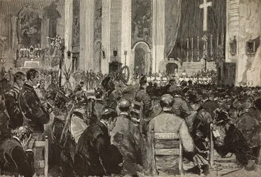 Dogali halotti obsequies a Sant Andrea della Valle templomban, Rómában, metszet Dante Paolocci rajzából, L
