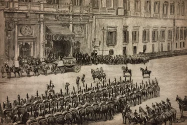 Parlament megnyitása, I. Umberto király érkezése Montecitorióba, Róma, Olaszország, metszet Dante Paolocci rajzából, L