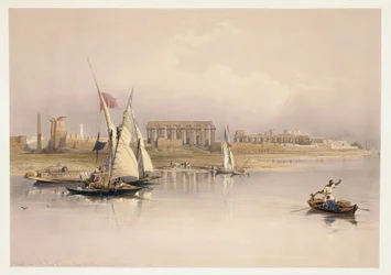 Egyiptom, Luxor romjai a Nílus folyóból, metszet David Roberts rajza alapján