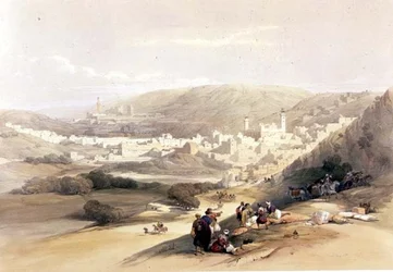Hebron, 1839. március 18., „A Szentföld” II. kötetének 55. táblája, Louis Haghe (1806-85) kocsma metszetében. 1843 (litó)
