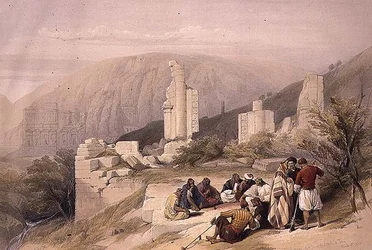 Diadalív maradványai Petrában, 1839. március 8., a „Szentföld” III. kötetének 100. táblája, Louis Haghe (1806-85) kocsma által metszett. 1849 (litó)