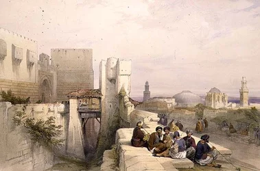 A jeruzsálemi fellegvár, 1841. április 19., 24. tábla a „Szentföld” I. kötetéből, Louis Haghe (1806-85) kocsma metszetével. 1842 (litó)