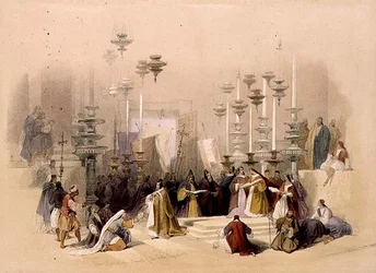 The Stone of Unction, Szent Sír templom, 1839. március 30., 19. tábla a „The Holy Land” I. kötetből, vésette Louis Haghe (1806-85) pub. 1842 (litó)