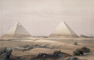 A gízai piramisok, metszet David Roberts (1796-1864) rajzából, Egyiptomból és Núbiából