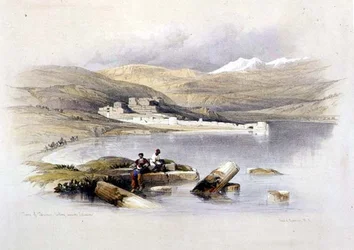 Tiberias városa Libanon felé néz, 35. tábla a „Szentföld” I. kötetéből, Louis Haghe (1806-85) kocsma metszetével. 1842 (litó)