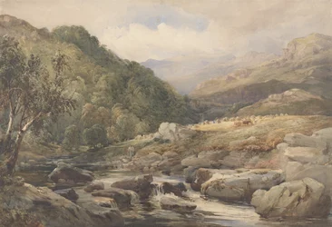Táj patakkal és szénavarrókkal (wc gouache-val grafit fölött, papíron)