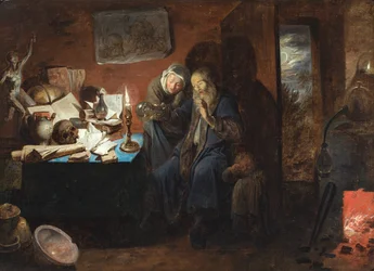Interieur egy alkimistával, egy nővel és egy gyermekkel (vanitas) (olaj, vászon)