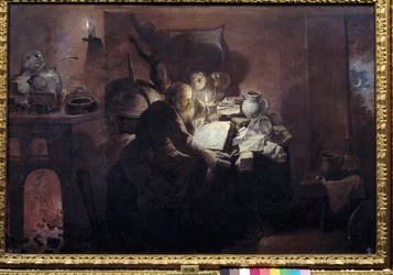Az alkimista a műtermében. David Ryckaert III (Rijckaert) festménye (1612 - 1661) Ec. Nagyzolás.