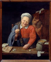 Az arany mérleg. Egy öregasszony kismérleggel méri az aranydarabokat, míg alul egy vaddisznófejű férfi tárolja a táskákat a szekrényben. David III Ryckaert festménye (1612-1661) Ec. Nagyzolás.