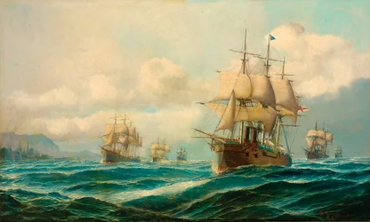 Phipps Hornby altengernagy hajóhada a Dardanellákon gőzöl át Konstantinápoly felé, 1878 február