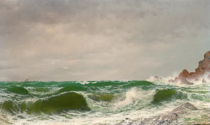 Sziklás parton megtörő hullámok, 1885