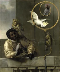 Fekete ember papagájokkal és majmokkal, 1670