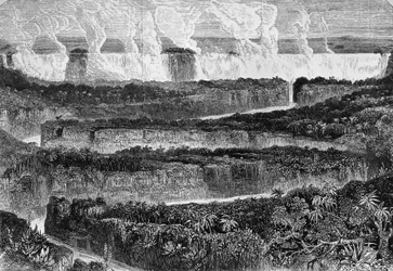 A zambezi Mosi-oa-Tuny vagy Victoria Falls néven ismert nagy szürkehályog képe Zambeziben, metszet a Zambezibe és mellékfolyóiba tartó expedíció narratívájából, David Livingstone (1813-1873) és Charles Livingstone (1821-1873), London