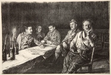 Gordon Highlander tisztek étkezdéje, illusztráció a Country Life Ltd. által kiadott "The Western Front" című könyvből.