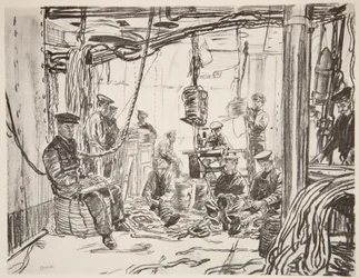 Tengerészek egy csatahajón, akik lőszert készítenek a hadsereg számára, illusztráció a "The Western Front" című, a Country Life Ltd. által kiadott kiadványból.