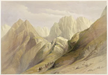 A Sínai-hegység alsó hegyvonulatának megmászása, 1839. február 18., 114. tábla a "The Holy Land" III. kötetéből, metszette Louis Haghe (1806-85) pub. 1849